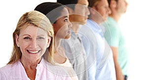 Group, people and face of woman with smile for community, diversity and demographic or population on white background