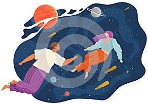 Group of people flying to the stars in space with planets. Man and woman floating in dreams
