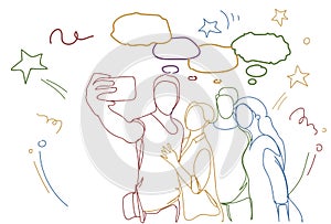 Group Of People Friends Taking Selfie Photo Doodle Men And Women Make Self Portrait On Smart Phone Embracing