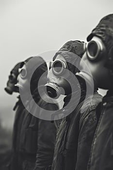 A group of people in gas masks. Selective focus.