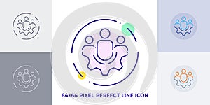 Group of people on gear line art vector icon. Outline symbol of teamwork. Cooperation pictogram made of thin stroke