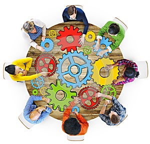 Group of People with Gear Symbol Photo Illustration