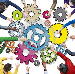 Group of People with Gear Symbol Photo Illustration