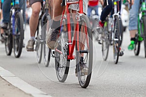 Group of people go by bicycles