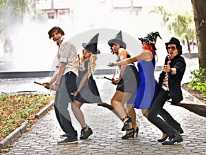 Group people in Halloween costume. Outdoor.