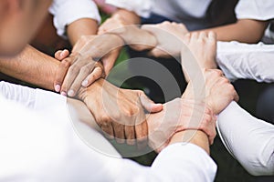 Group people hands were collaboration to trust in business success concept of teamwork partnership in company.