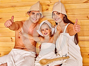 Group people in hat at sauna