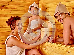 Group people in hat at sauna