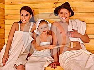 Group people in hat at sauna