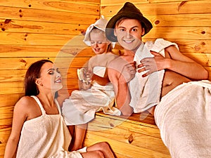 Group people in hat at sauna