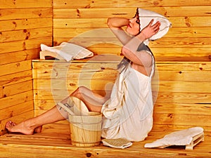 Group people in hat at sauna.