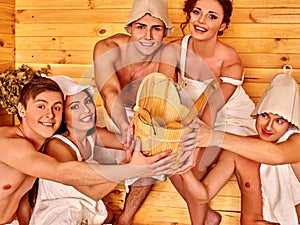 Group people in hat at sauna