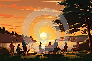 Group of people having picnic in the park at sunset. Vector illustration, A group of people at a barbecue at sunset, Summer