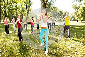 Group of people having training , outdoor photo