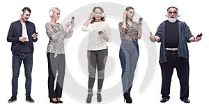 group of people in headphones and phone isolated