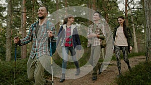 Group of people hiking in a forest