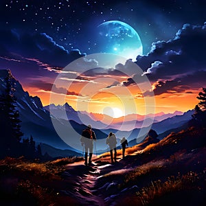 A group of people hiking towards the lights of the moon or the sun in weekend