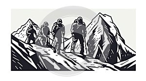 A group of people hiking up a mountain, AI