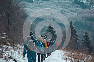 A group of people hiking up a mountain at winter. Generative AI