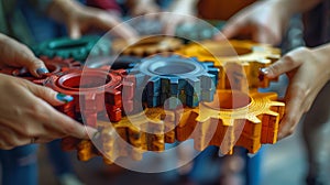 A group of people hold colorful plastic gears for a fun engineering event