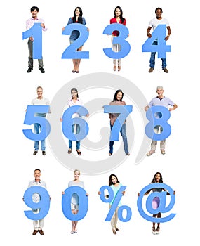 Group of People Holding Blue Numeral in a Row