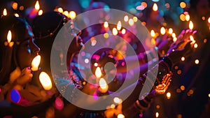 Group of People Holding Candles in Their Hands at a Vigil, Celebration of a traditional Indian festival with vibrant colors and