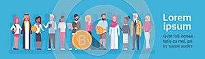 Group Of People Holding Golden Bitcoin Horizontal Banner Modern Web Money Digital Crypto Currency Concept