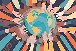 group of people are holding hands around a globe