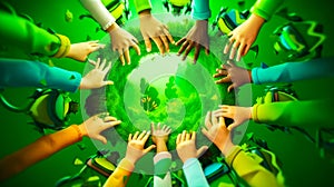 Group of people holding hands around green planet. Generative AI