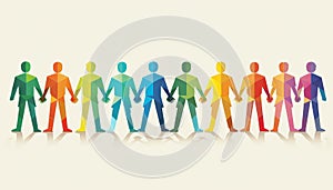 A group of people holding hands in a rainbow line by AI generated image