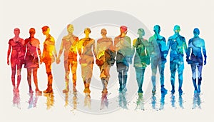 A group of people holding hands in a rainbow line by AI generated image