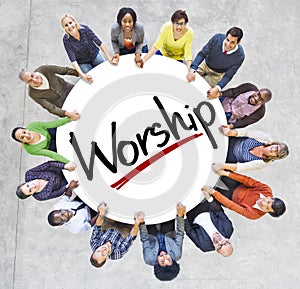 Group of People Holding Hands with Word Worship