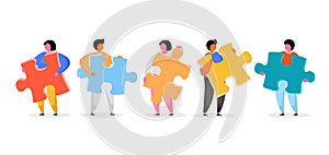 Group of people holding jigsaw puzzle. Vector