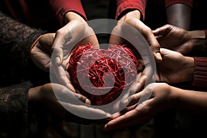 A group of people holding red heart in their hands. Valentine\'s day love concept.