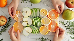 A group of people holding up a plate with sliced apples, oranges and tangerines, AI