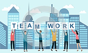 Group of people holding word TEAMWORK against background of modern megapolis, vector illustration in flat style