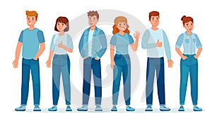 Group of people in jeans. Students in casual denim clothes standing together. Young women and men. Teenagers in jean pants vector