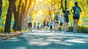 group of people jogging in the park on a sunny day, doing sports is good for health, back view