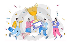 Group of people jumping holding trophy and golden cup. Business team achievements. Office employee get reward and celebrate.