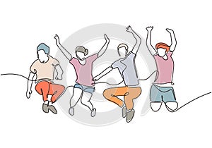 Group of people jumping looks happy and enjoying their life continuous one line drawing. Metaphor of joy community team members.