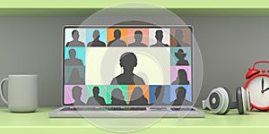 Group of people on a laptop screeen, student office background. Online school class concept. 3d illustration