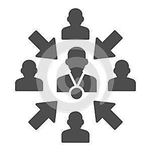 Group of people with leader and arrows solid icon, teamwork and relationship concept, working group with lead manager