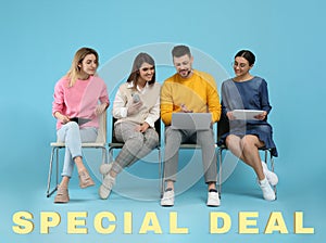 Group of people on light blue background. Shopping online - special deal