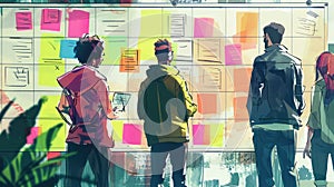 A group of people are looking at a wall of sticky notes The sticky notes are different colors and sizes The people are