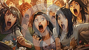 group of people manga girls participating in a wacky food-eating competition, AI-Generated