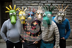 Group of people with masks in a row standing in a field.