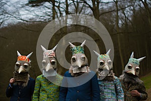 Group of people with masks in a row standing in a field.