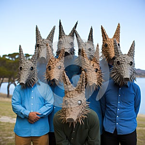 Group of people with masks in a row standing in a field.
