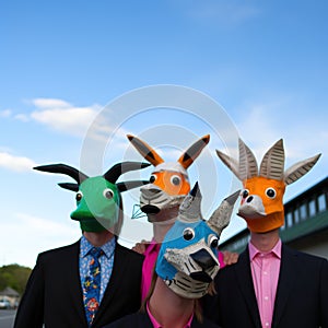 Group of people with masks in a row standing in a field.