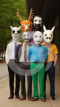 Group of people with masks in a row standing in a field.